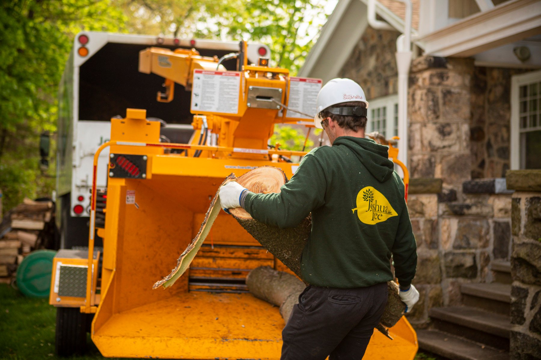 Tree removal technician wood chipper clean up